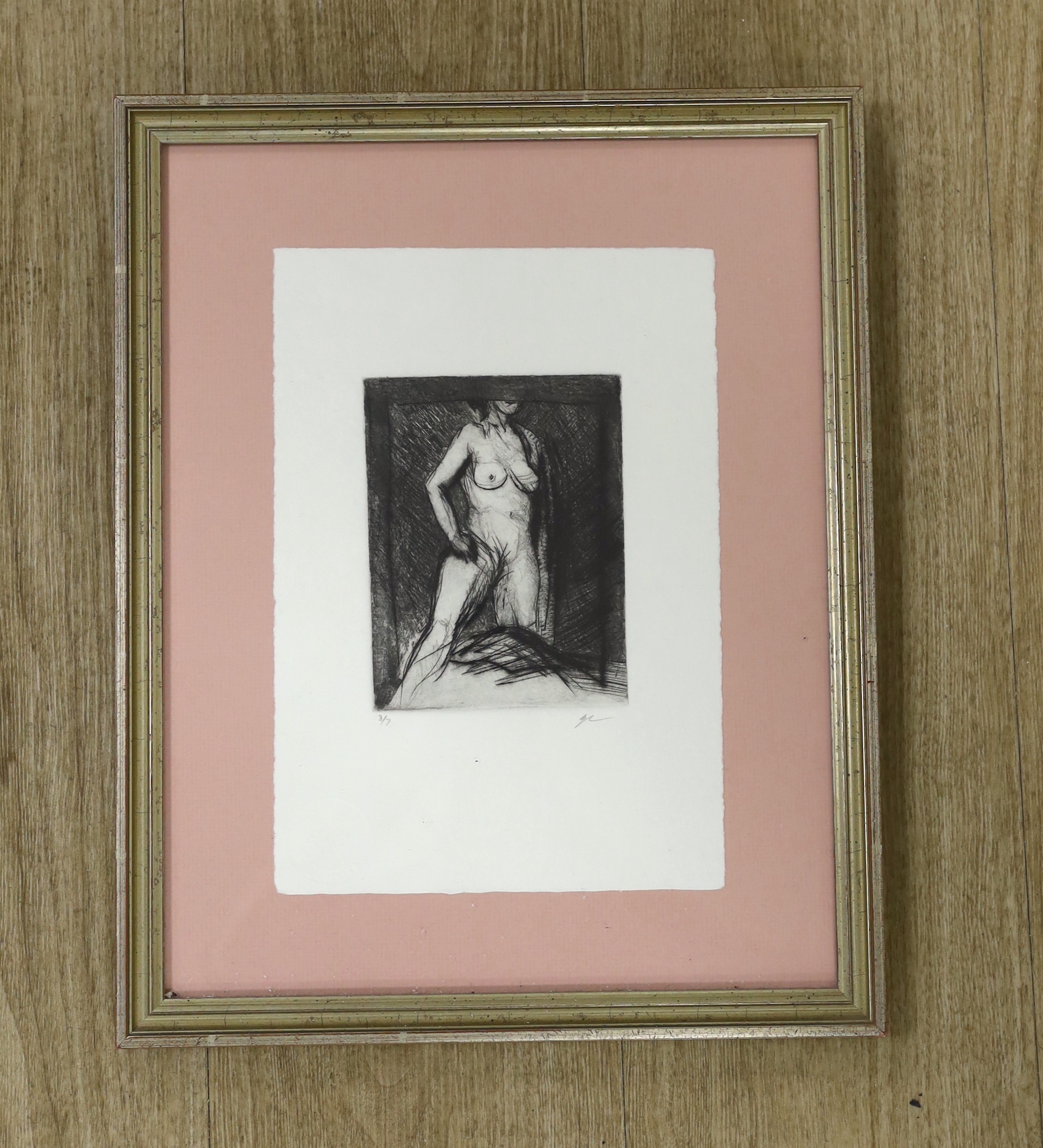 Barry Ebner (Contemporary) etching, Nude female, embossed blind stamp for B.a.D. San Diego, limited edition 3/7 signed in pencil, whole leaf 19.5cm x 11cm